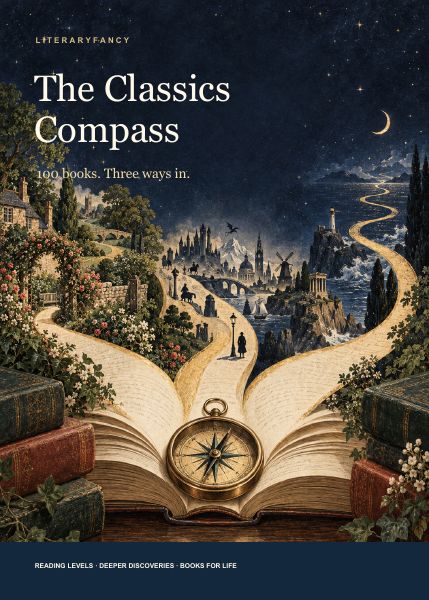 The Classics Compass guide cover: an open book becomes three golden paths beneath a starry sky