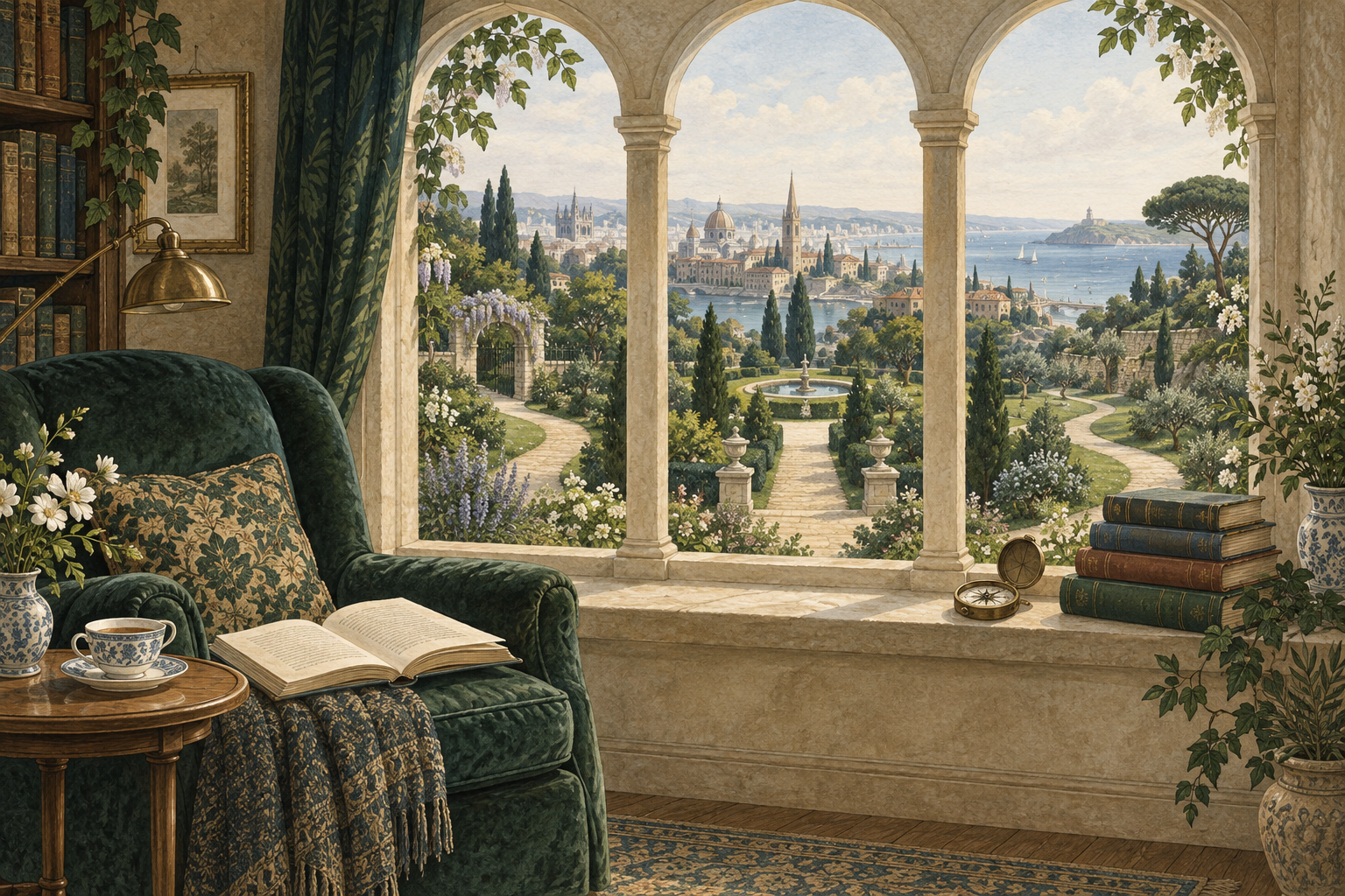 Illustrated reading room with an open book, a green armchair, and a view over a sunlit garden