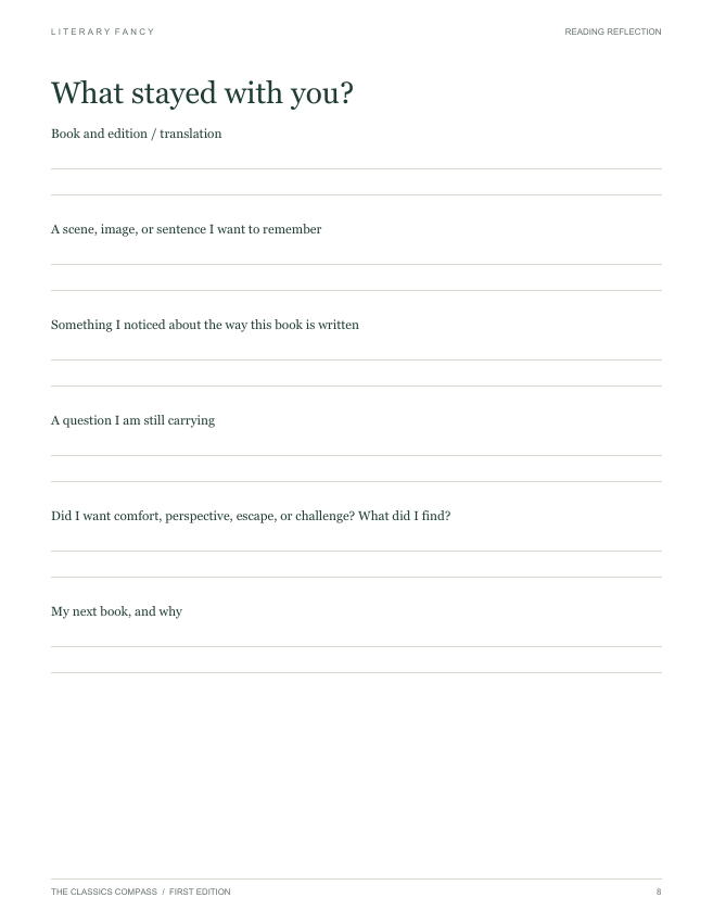 Actual printable reflection sheet titled What stayed with you?, with space for notes about your reading